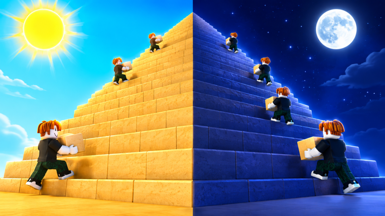 Players hauling blocks at the Build the Pyramid pyramid across day and night
