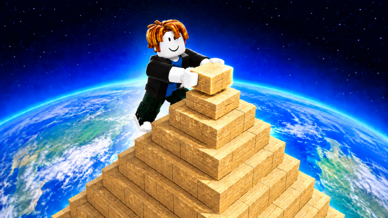 A Roblox player placing the golden capstone block on top of the pyramid in Build the Pyramid, with Earth visible behind the summit