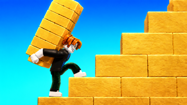 A Roblox character presenting the golden Build the Pyramid pyramid