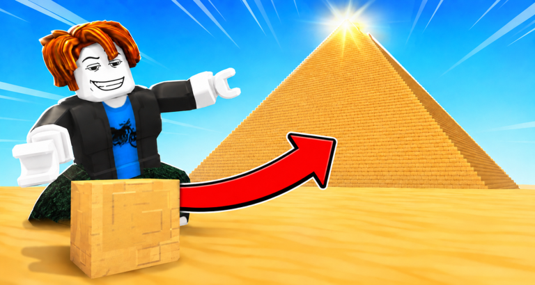 A player carrying a tall stack of golden blocks up the pyramid stairs in Build the Pyramid